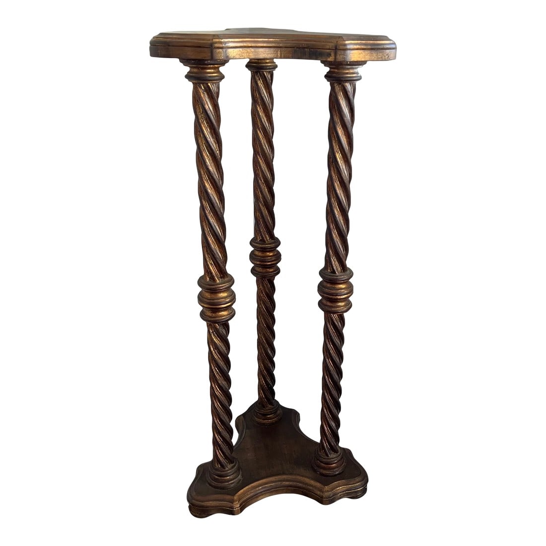 Vintage Venetian Gold Twisted Leg Pedestal: Lovely twisted leg details make this a stunning piece. Condition: Alterations: Original Condition Unaltered Imperfections: Some Imperfections Condition Notes: Some staining on the top from use.