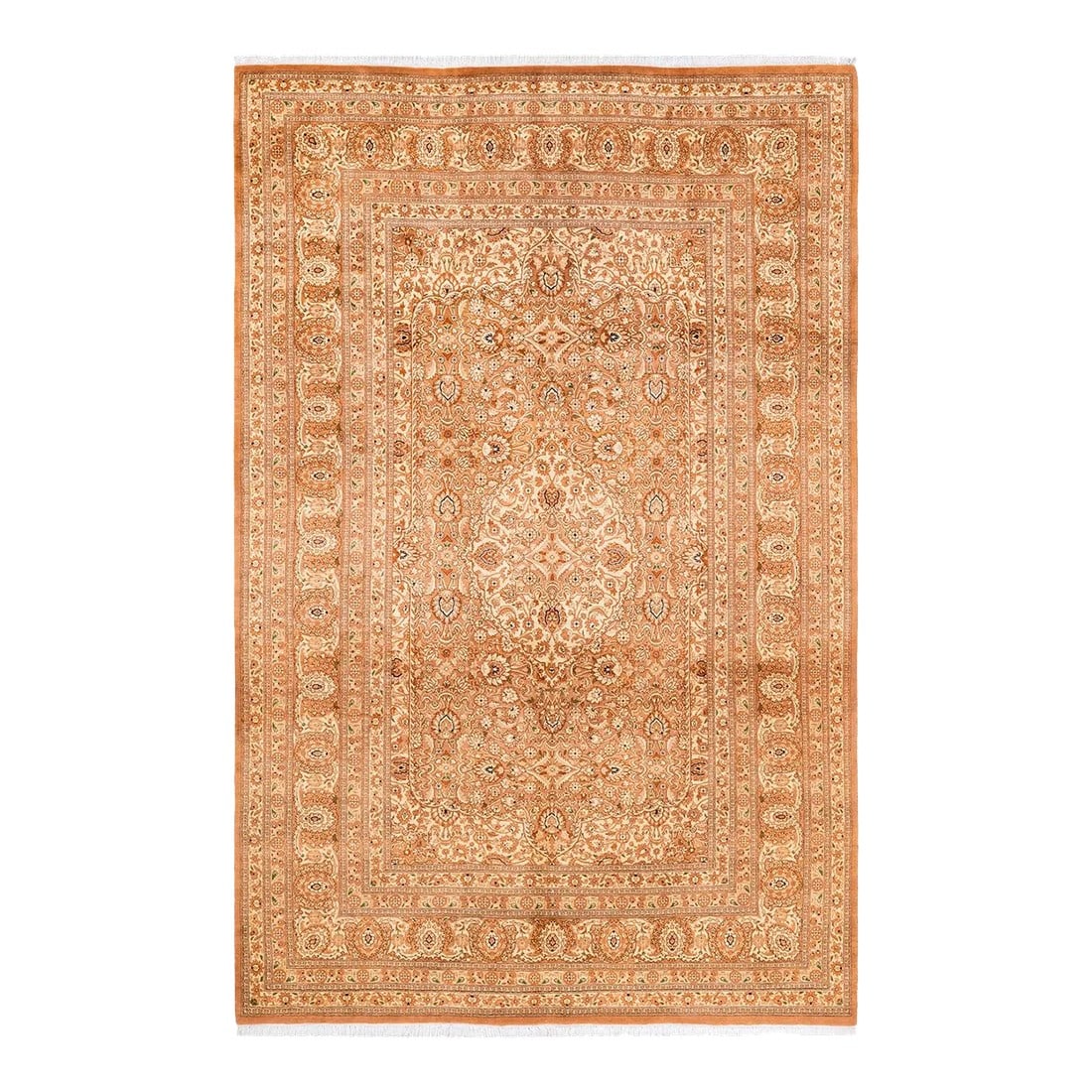 Mogul, One-of-a-Kind Hand-Knotted Area Rug - Yellow, 6' 1" x 9' 5": With understated palettes and allover designs, the rugs in the Mogul Collection will bring timeless sophistication to any room. Influenced by a spectrum of Turkish, Indian, and Persian designs, the