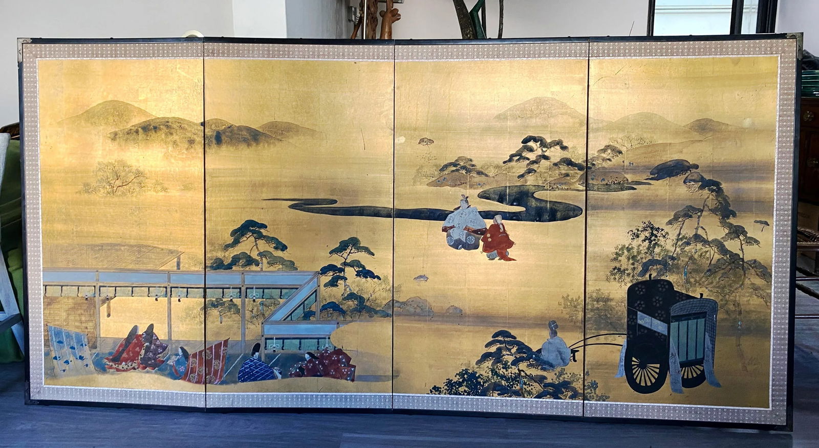 Large Japanese Byobu Four Panel Folding Screen Kano School "Tale of Genji" - 2
