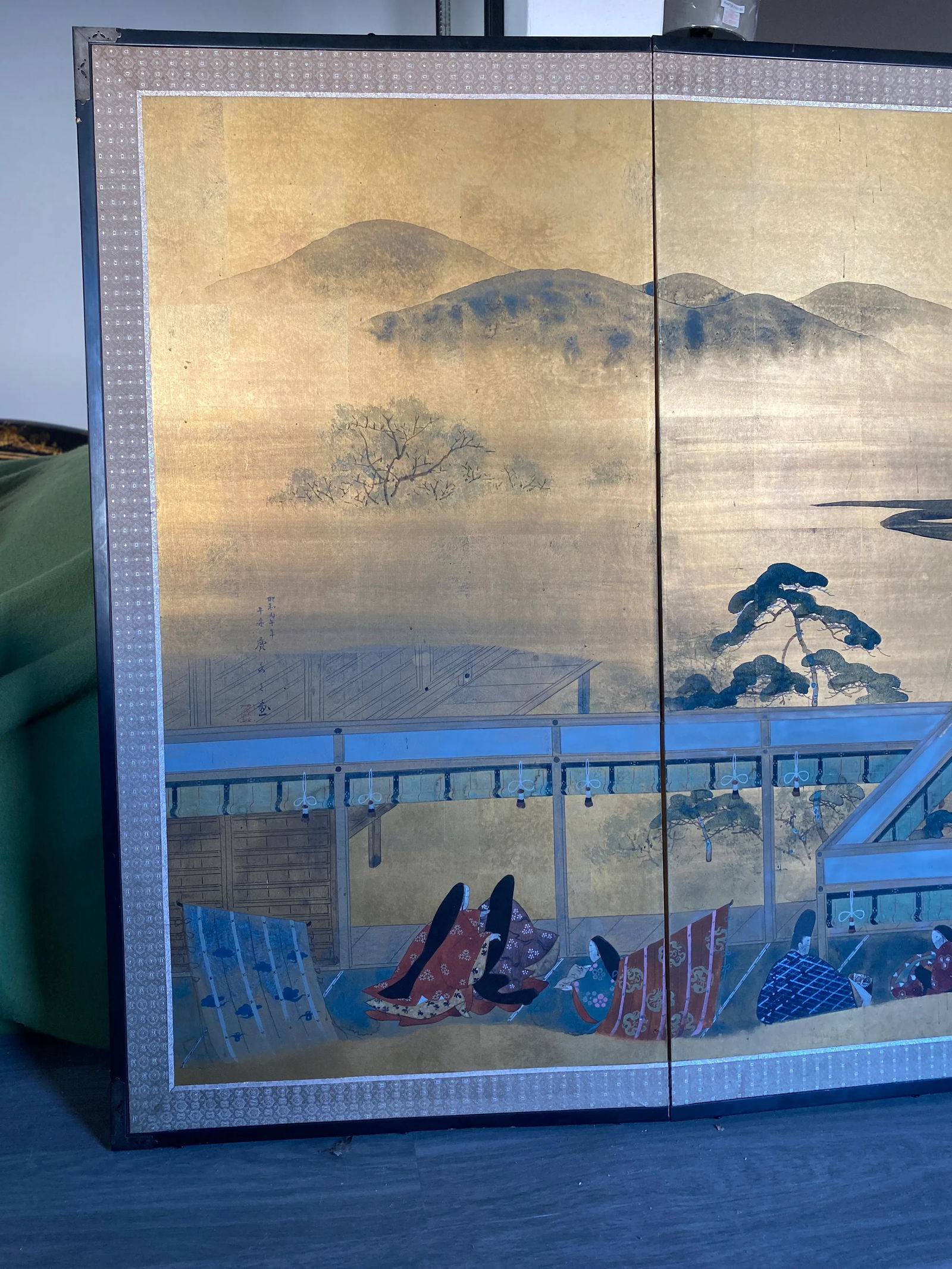 Large Japanese Byobu Four Panel Folding Screen Kano School "Tale of Genji" - 4
