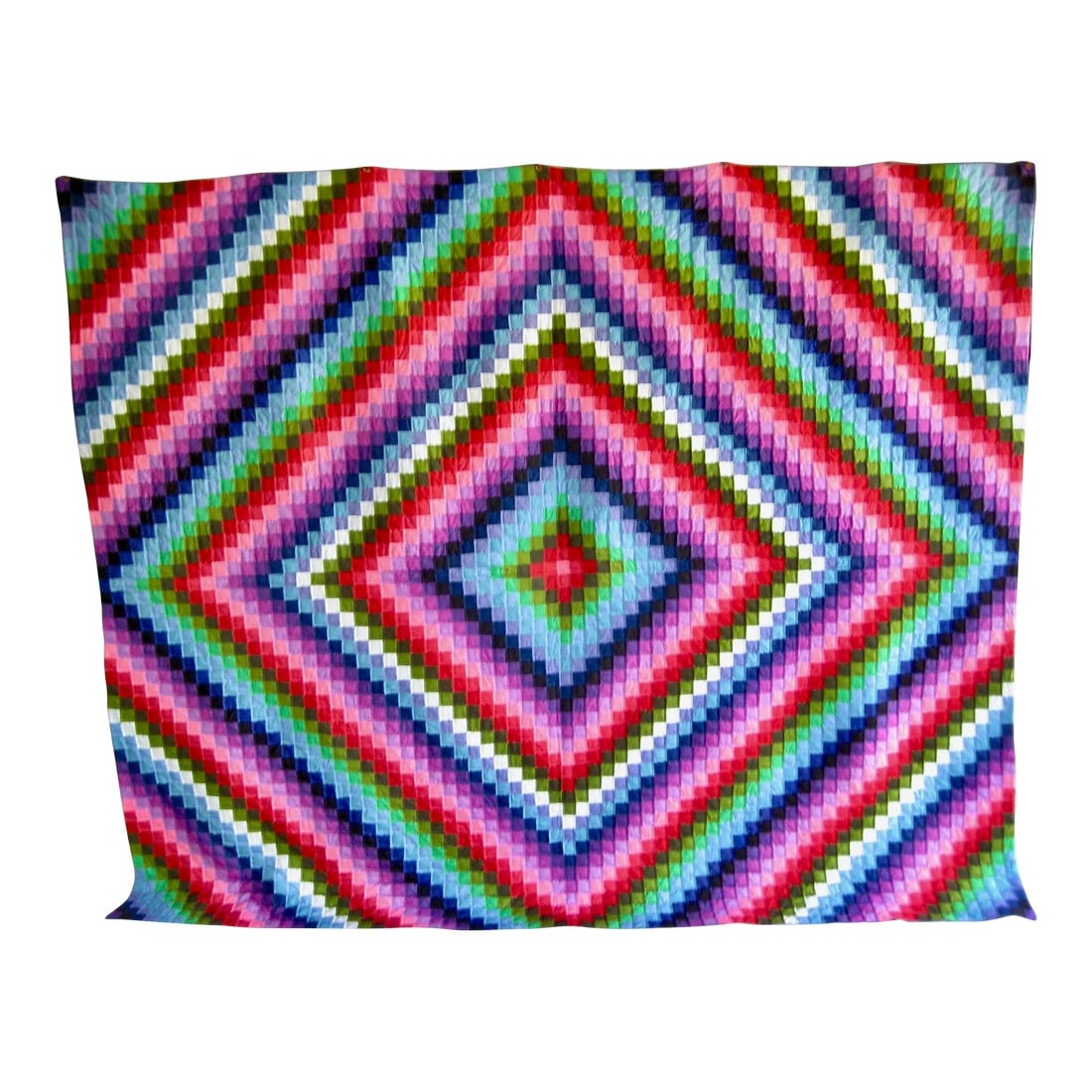 Large Diamond Shape Mid Century Amish Quilt: Striking coloring and design for this large vintage Amish quilt done out of a multitude off little square and create that large diamond shape design , you will notice on the back the multitude of