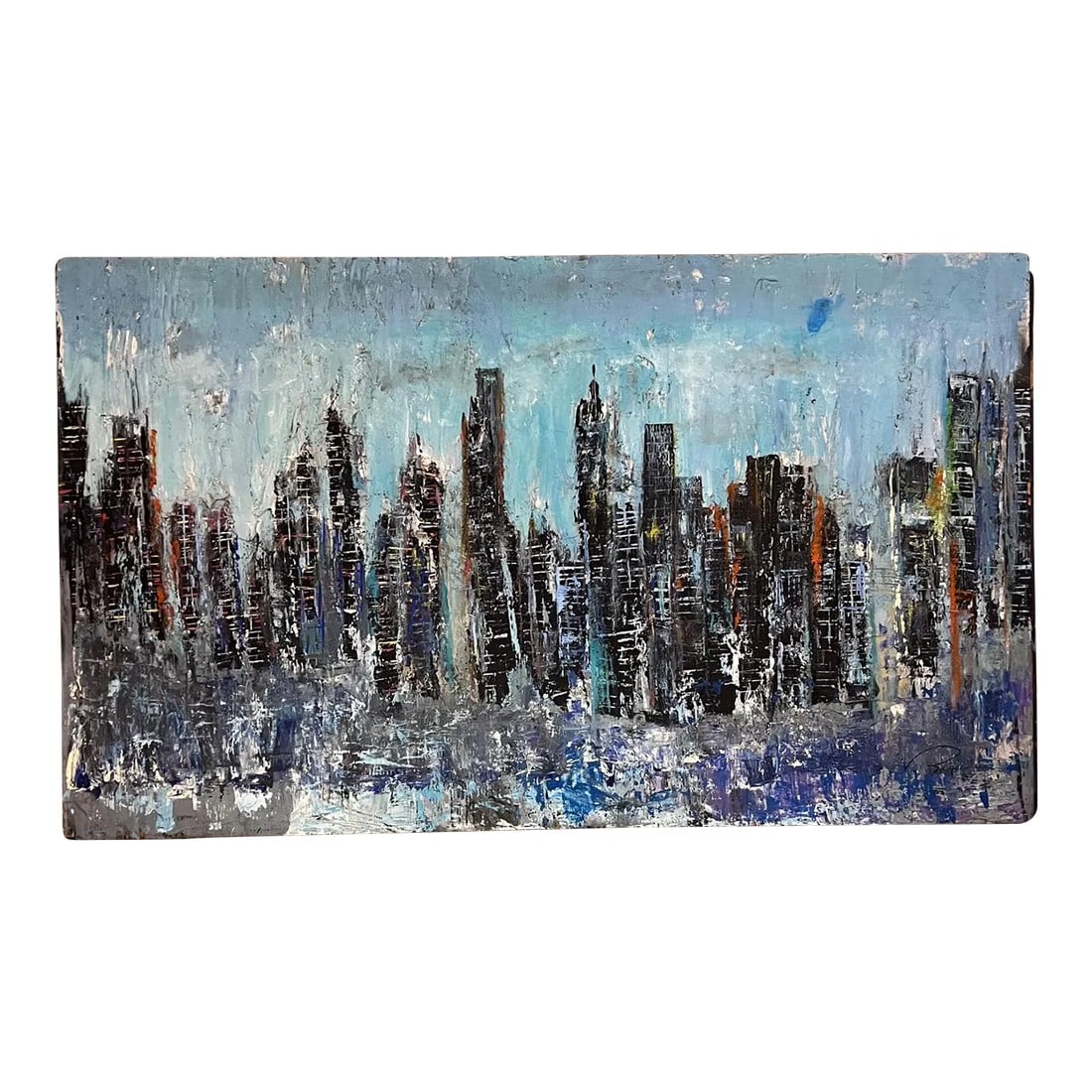 City Landscape Art Abstract Modern Blue Oil Painting on Wood: For your consideration, an abstract blue city landscape modern art oil painting on wood. Signed unable to read Dimensions: 48.5 W x 28.5 Hx .63 D Delivery within 200 miles from San Diego CA is
