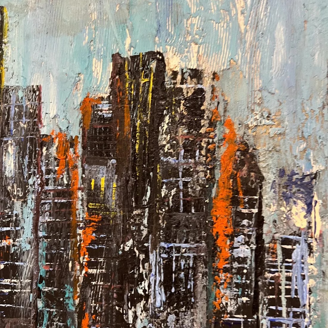 City Landscape Art Abstract Modern Blue Oil Painting on Wood - 4