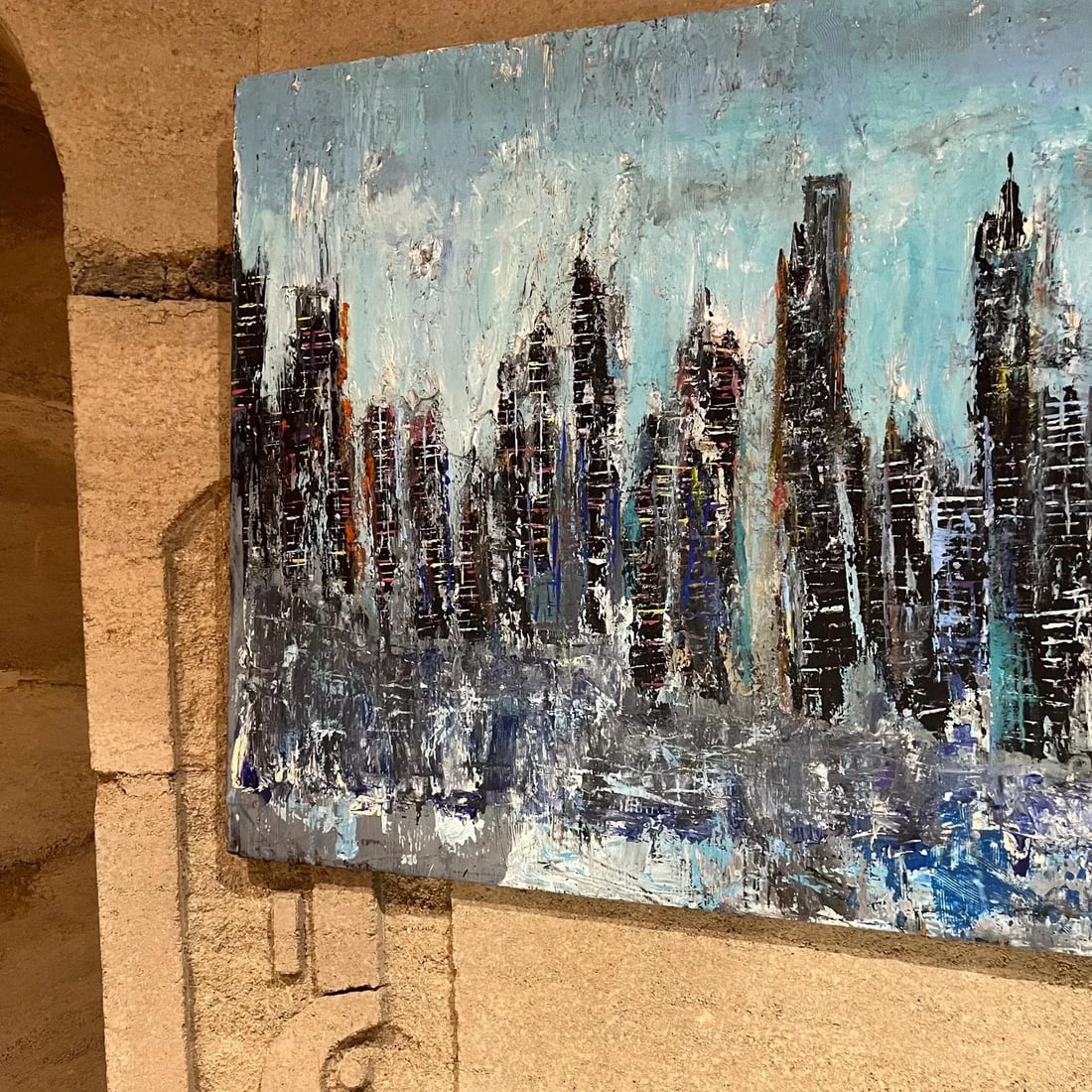 City Landscape Art Abstract Modern Blue Oil Painting on Wood - 5