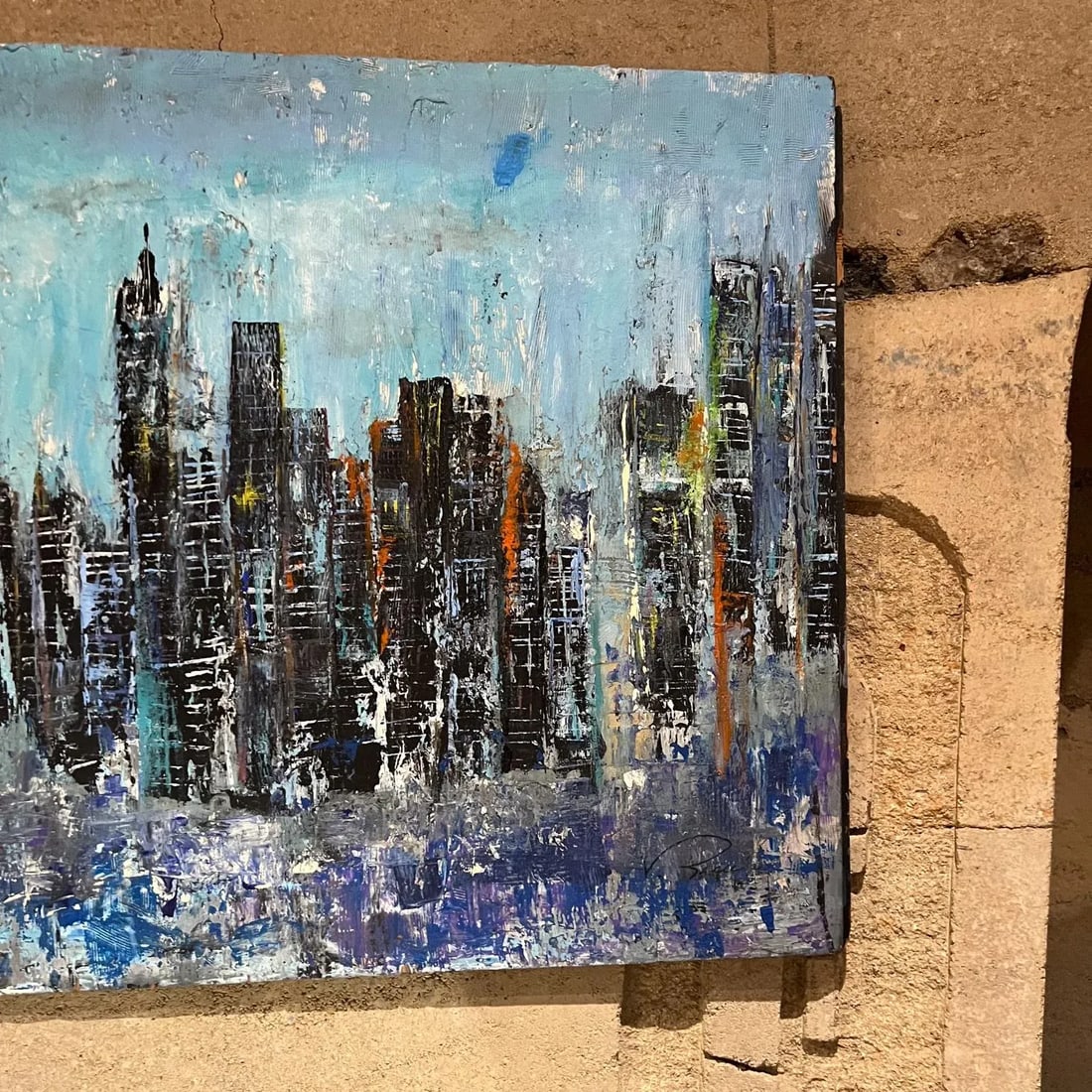 City Landscape Art Abstract Modern Blue Oil Painting on Wood - 6