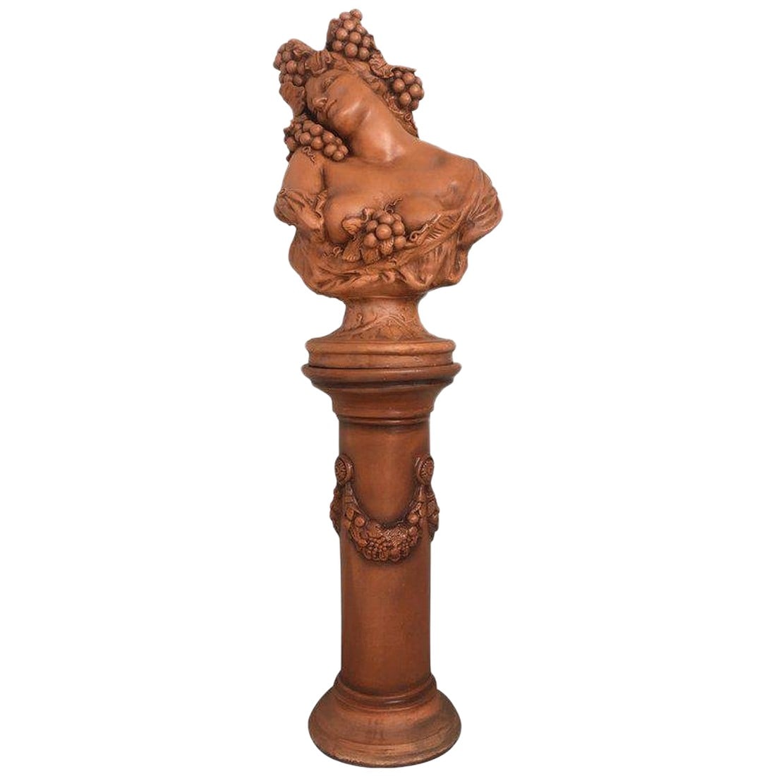 19th Century Spectacular Clay Goddess of Summer in a Matching Pedestal: About 19th century spectacular clay Goddess of summer. Details PRODUCTION TIME Available Now IN THE STYLE OF Neoclassical PLACE OF ORIGIN Italy DATE OF MANUFACTURE circa 1880 PERIOD Late 19th