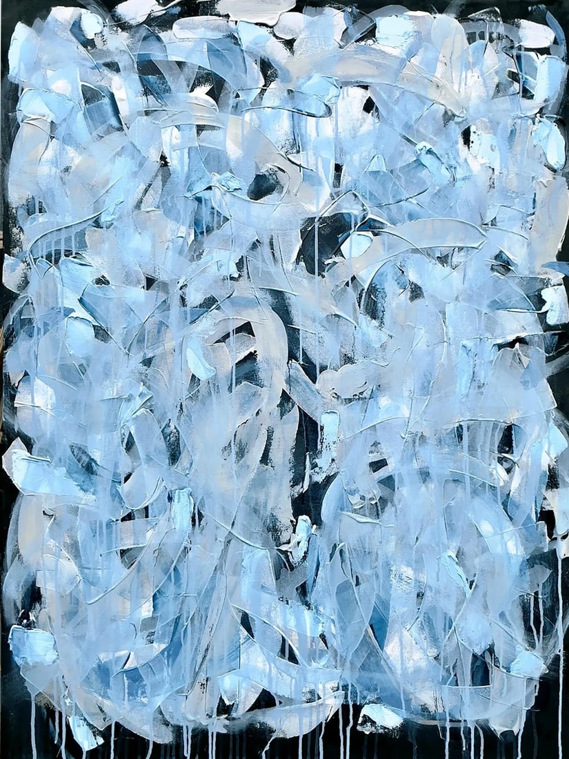 Boucle 01 Original Abstract Modern Painting: Unframed original painting of acrylic, ink, enamel, texture medium on canvas over wood cradle with layers of varying translucency. Signed on back; ships ready to hang. The production of art,