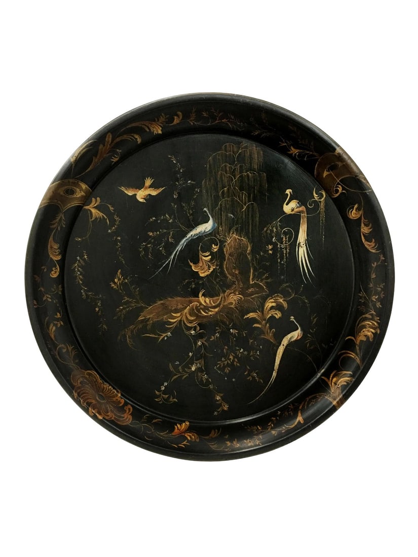 Handpainted Vintage Peacock and Floral Tea Tray: Inspired by vintage tea trays from the past, this hanpainted scene featuring peacocks amongst delicately drawn trees and plants makes a charming addition to any home. Condition: Alterations: