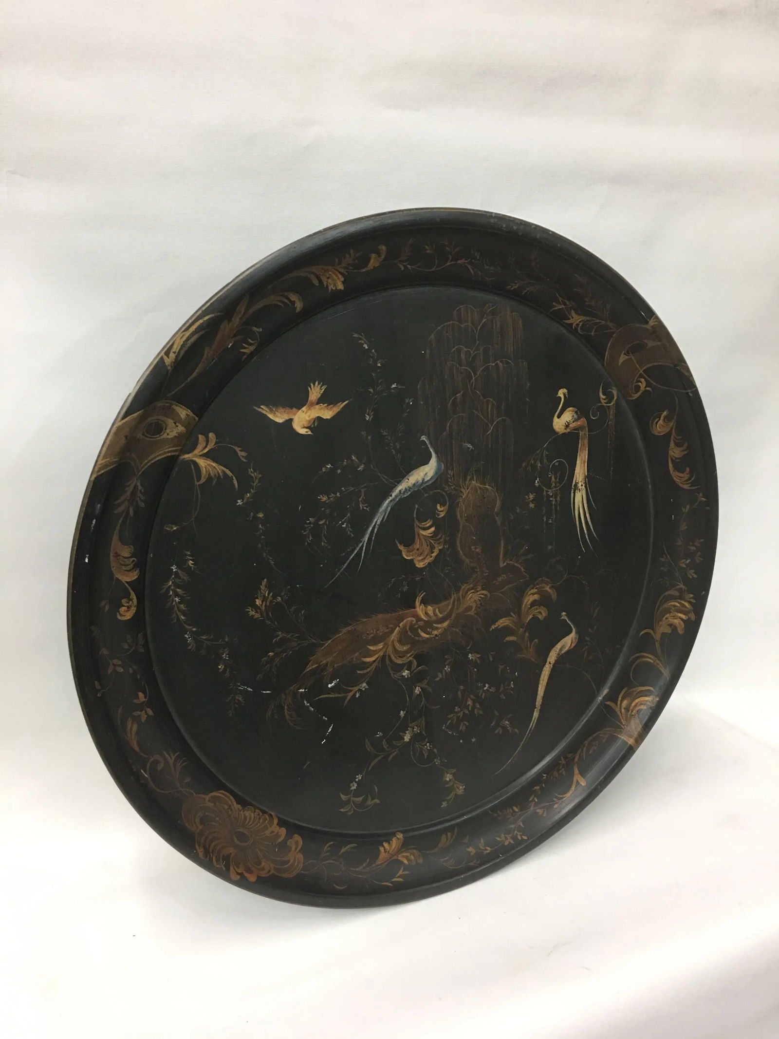 Handpainted Vintage Peacock and Floral Tea Tray - 2