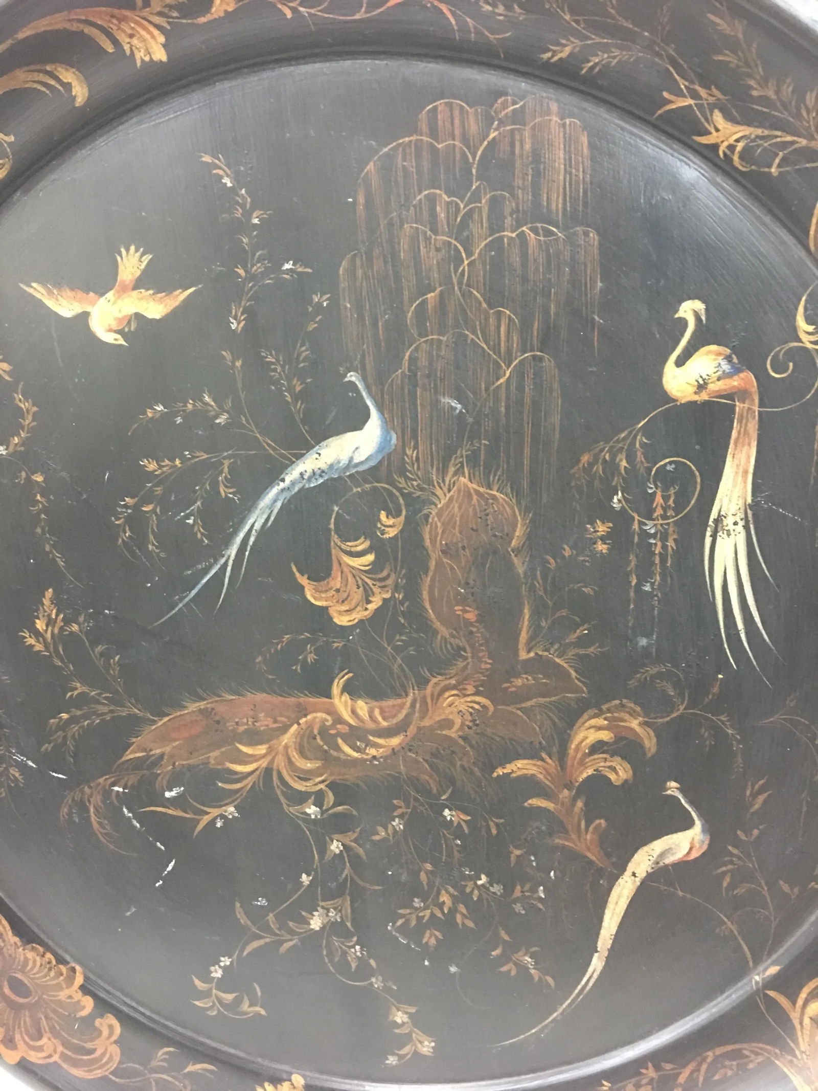 Handpainted Vintage Peacock and Floral Tea Tray - 4