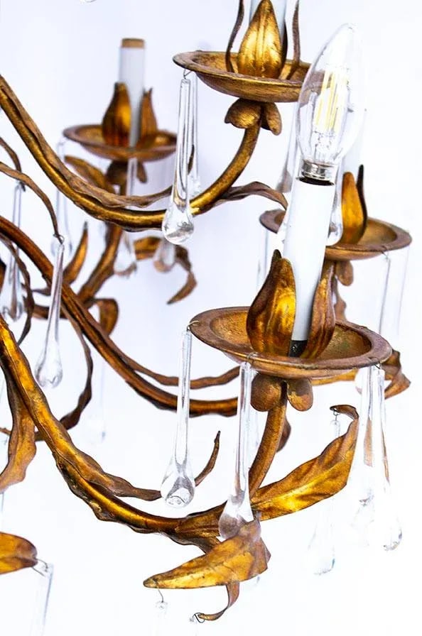 Huge & Spectacular Italian Gold Gilt Chandelier - Tear Drop Crystals - 5