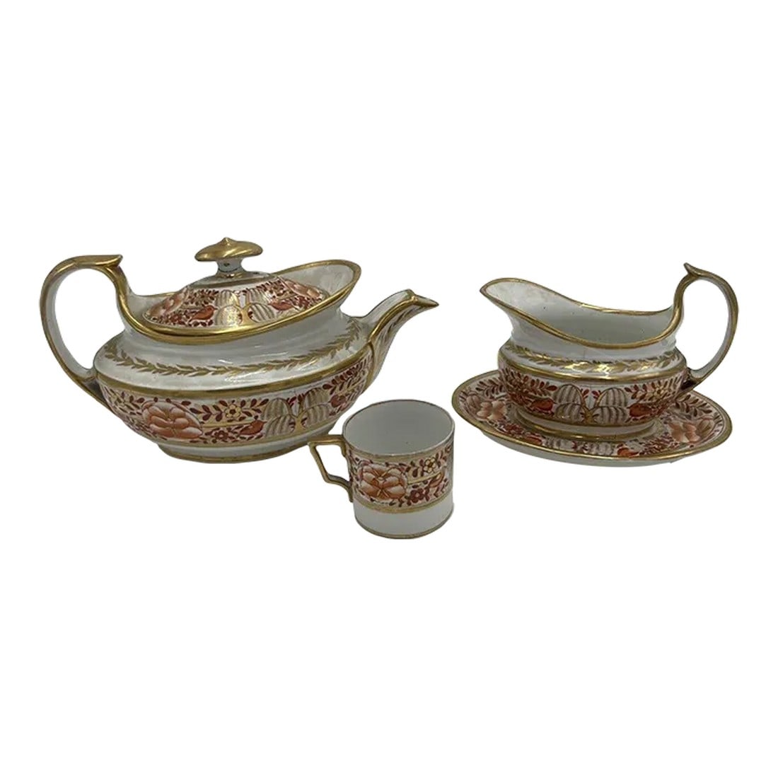 Fine 4 Pc, Spode Porcelain Rust and Gilt Personal Tea Service C. 1820: Spode (English, founded 1770), circa 1820. An extremely fine quality and rare personal tea service in rust and gold. The surfaces are decorated in an imari style pallet - laurel leaf banding, trees