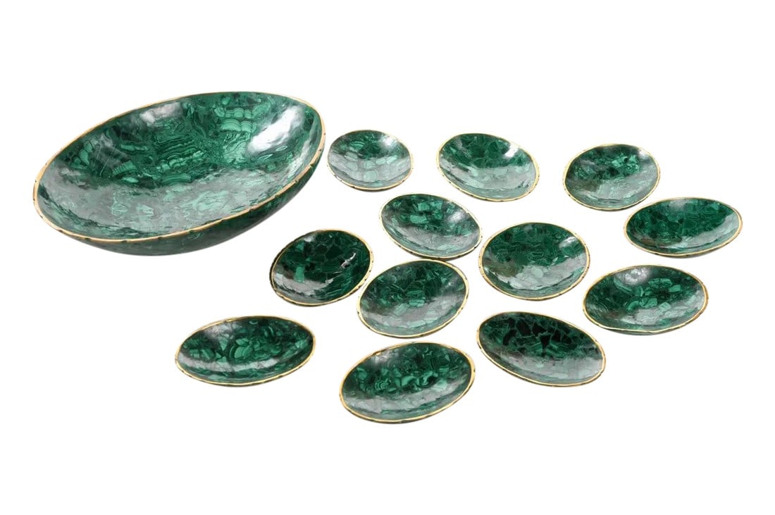 Natural Malachite & Bronze Nut Bowls - Set of 13: High grade natural Malachite & Bronze set of 13 nut bowls, composed of 1 main large bowl and 12 smaller ones. This Set has exquisite detail and design! size of large Bowl 14 x 11 x 3 and a half"