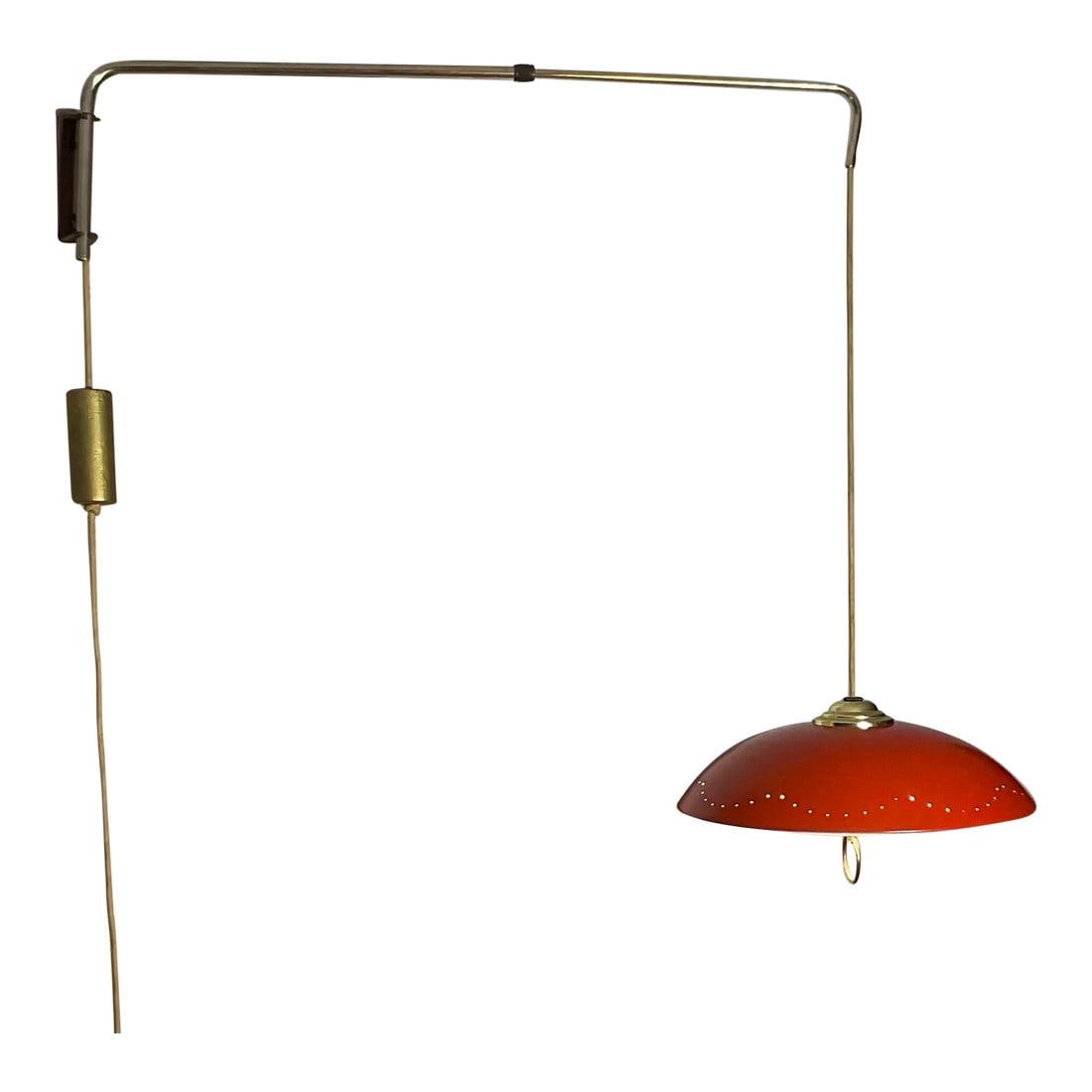 Stilnovo Vintage Telescopic Arm Wall Lamp With Perforated Red Metal Shade and Counter Weight, Circa: Elegant, Mid-Century Modern wall mounted lamp with counterweight, attributed to Stilnovo, created by Scolari in the 1950's. This lamp features adjustable in height with its heavy iron counterweight fo