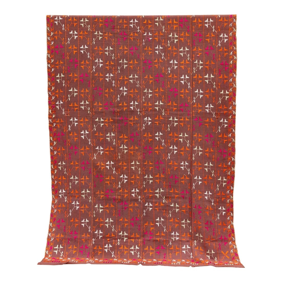 Mid-Century Punjabi Phulkari Throw: This luxurious Bagh Phulkari shawl features beautiful fine silk embroidery with a diamond pattern on a cotton fabric. This fine antique Indian Phulkari throw was made by women in Punjab as wedding sha