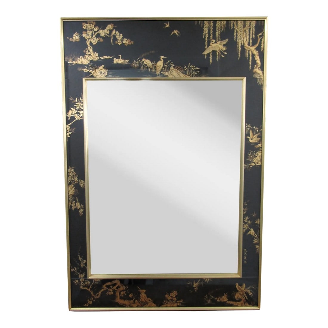 Vintage La Barge Reverse Glass Chinoiserie Mirror Signed J. Bivens 1981: Vintage La Barge Reverse Glass Chinoiserie Mirror Signed J. Bivens 1981 LaBarge eglomise chinoiserie mirror with rare black background. These are hand-painted in reverse on the back of the glass