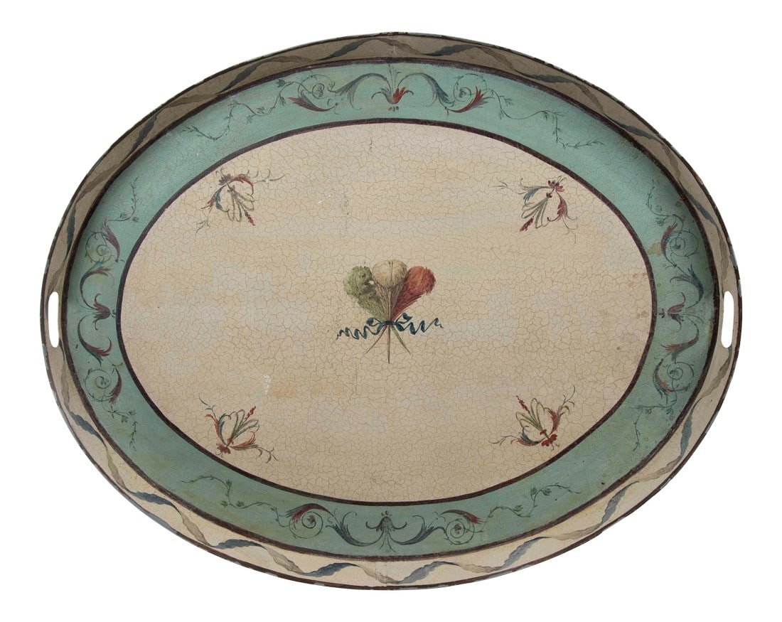 Vintage Tray in Muted Country Palette: Vintage Tray handpainted in a soft, muted country palette. Decorated in depictions of flowers and ribbons. Enjoy tea and entertain guests with little worry about surface space. Condition:
