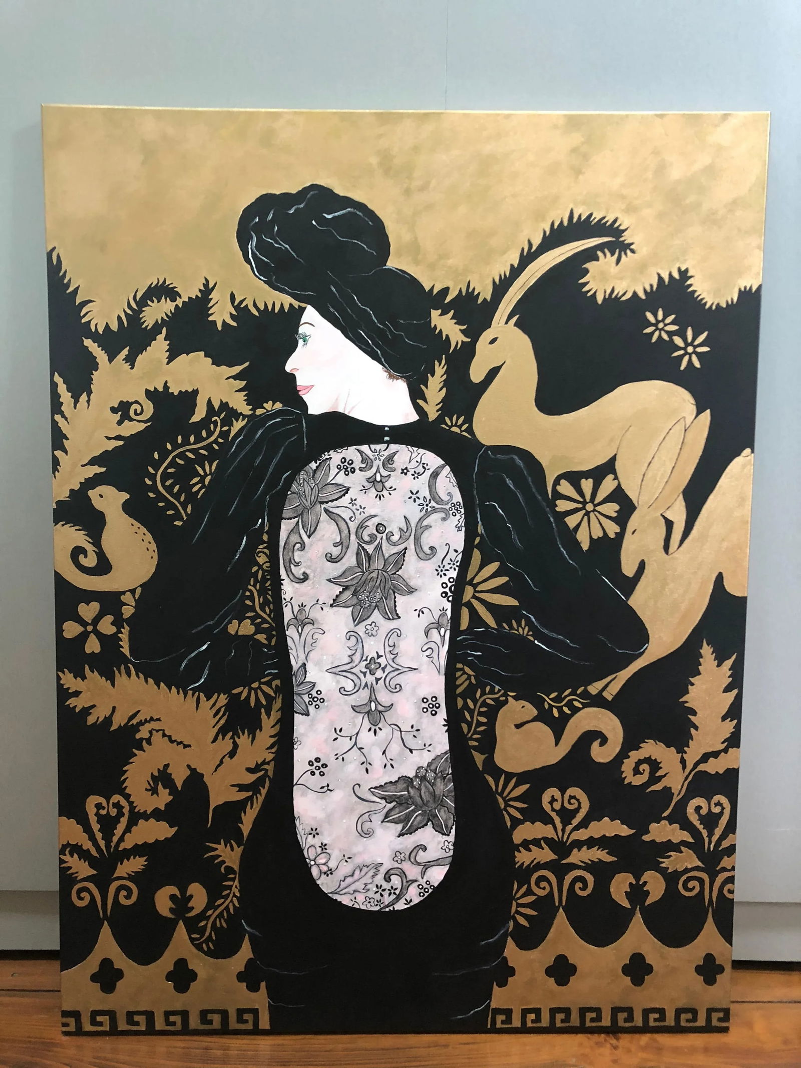 Woman in Black Lace Couture Backless Gown Painting - 8
