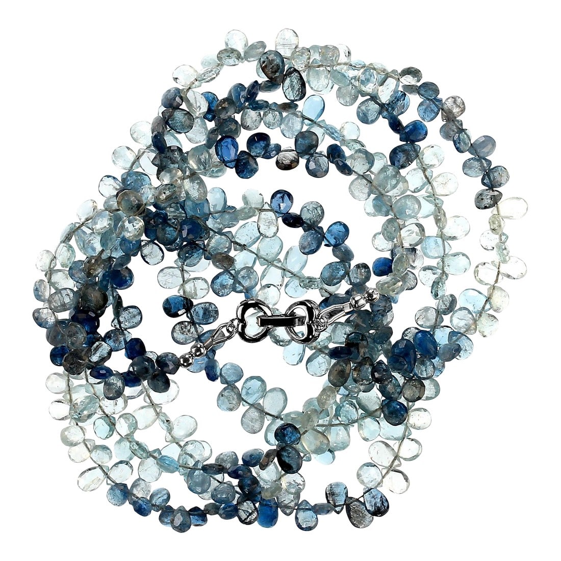 Rope of Multi Tone Cool Blue Aquamarine Briolette: This is part of Chairish's Fine Jewelry assortment. 46-Inch Multi-Tone Aquamarine Briolette Necklace – Versatile & Sparkling Discover the beauty and versatility of this 46-inch necklace