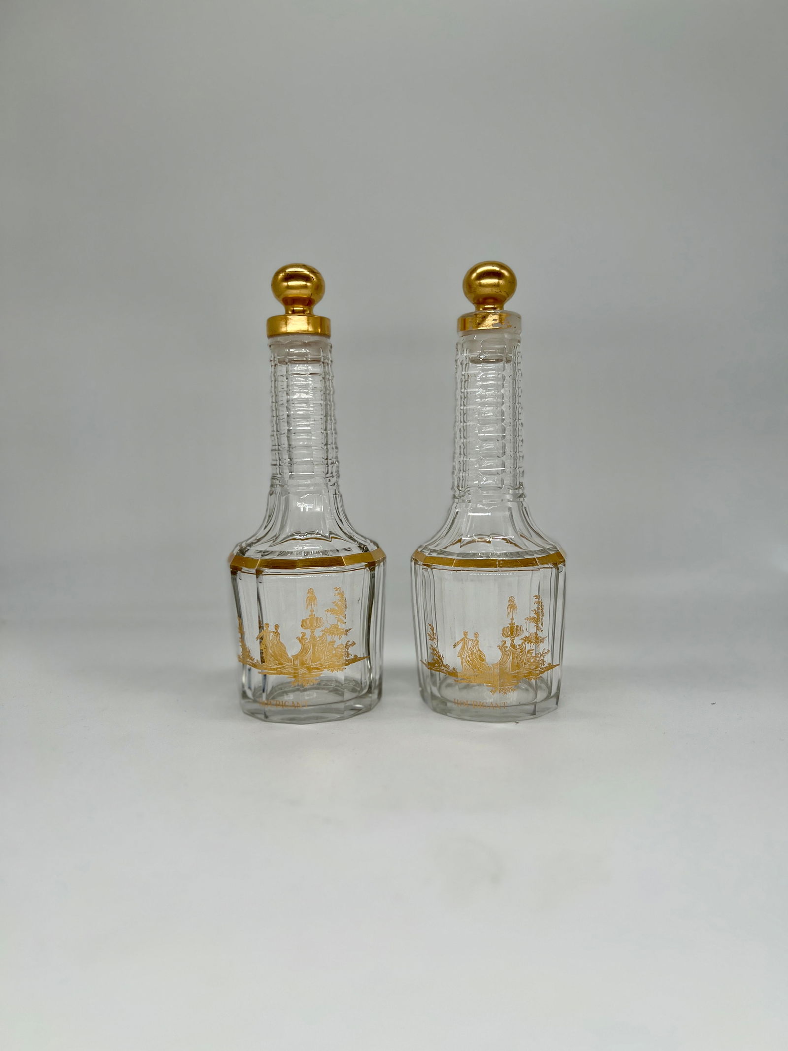 Pair, Antique French Baccarat Houbigant Gilt Crystal Perfume Bottles C. 1920 - 2