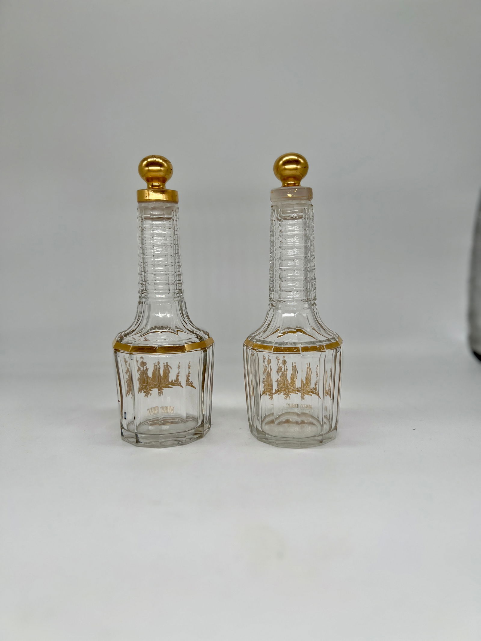 Pair, Antique French Baccarat Houbigant Gilt Crystal Perfume Bottles C. 1920 - 3