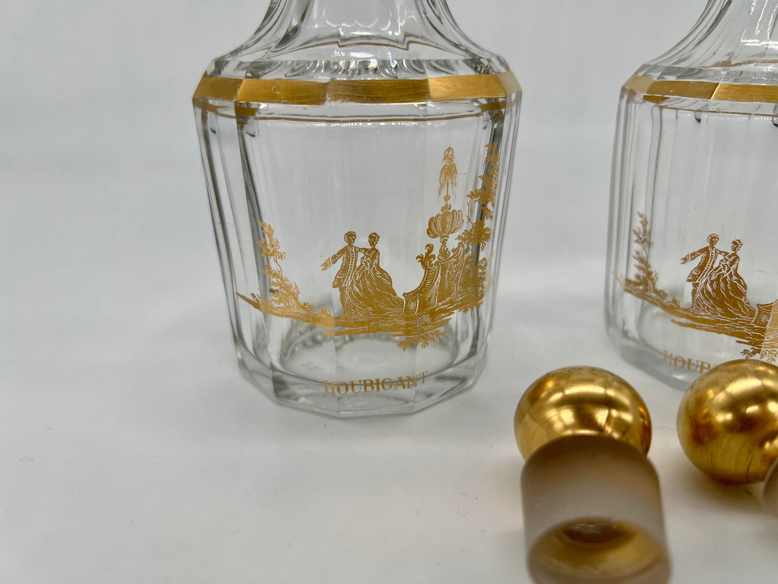 Pair, Antique French Baccarat Houbigant Gilt Crystal Perfume Bottles C. 1920 - 5