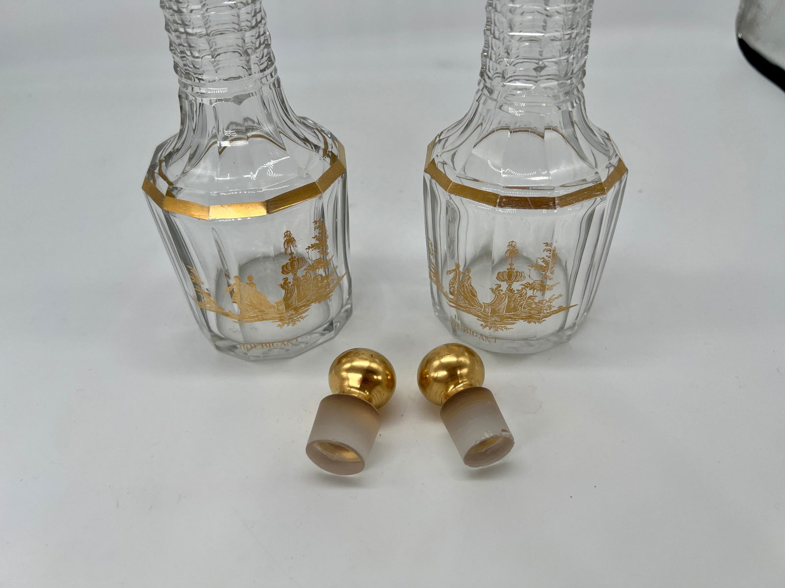 Pair, Antique French Baccarat Houbigant Gilt Crystal Perfume Bottles C. 1920 - 9