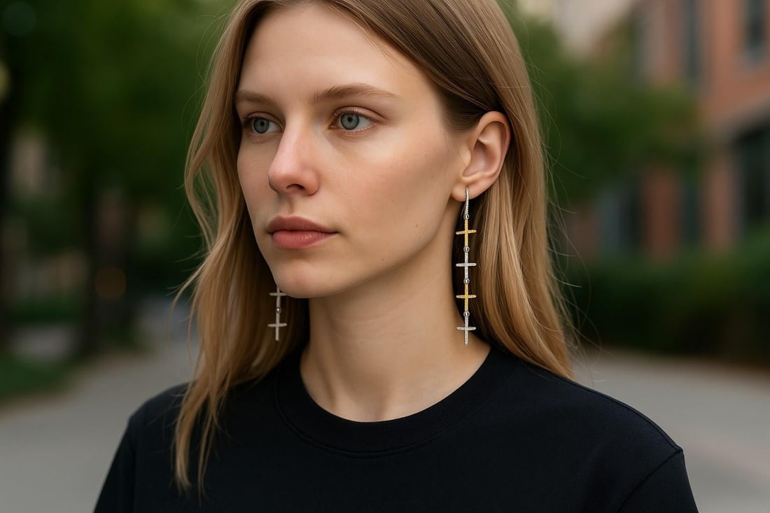 Eight 14 Karat White Yellow Gold Crosses Shepherd Diamond 0.25 Carat Hoop 2.60" Earrings - 2 Pieces - 2