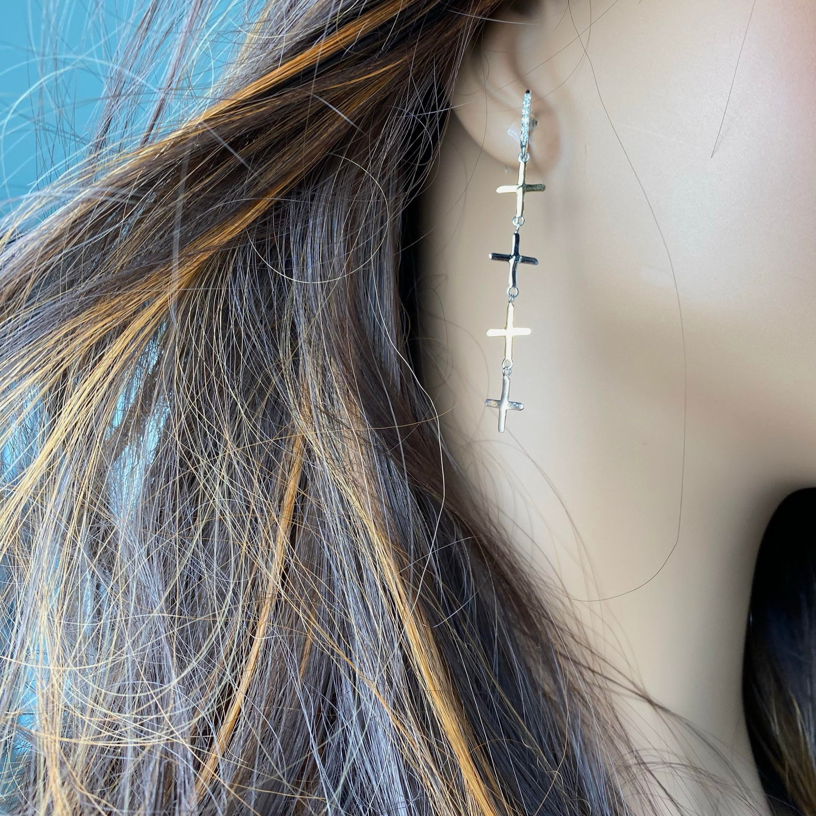 Eight 14 Karat White Yellow Gold Crosses Shepherd Diamond 0.25 Carat Hoop 2.60" Earrings - 2 Pieces - 5