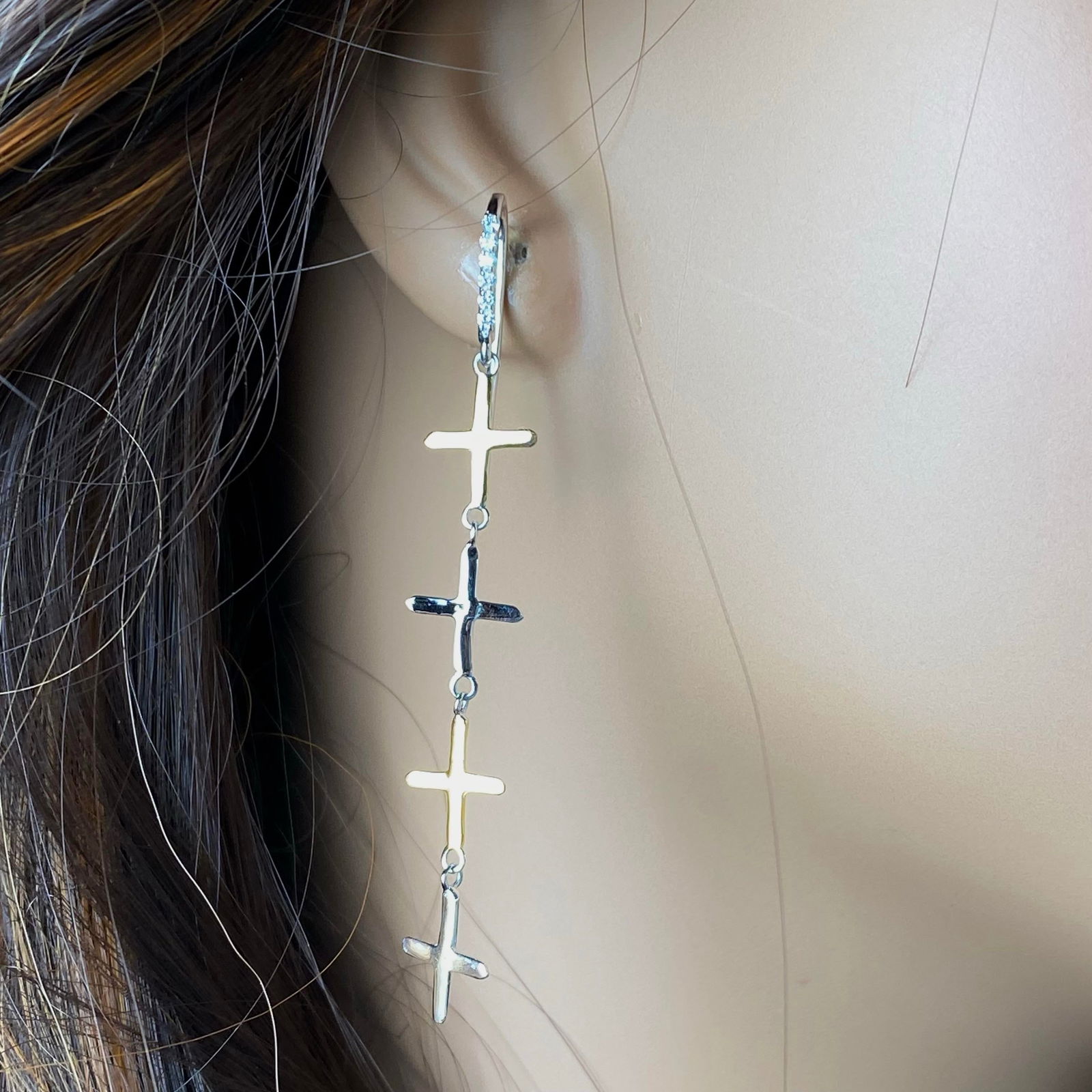 Eight 14 Karat White Yellow Gold Crosses Shepherd Diamond 0.25 Carat Hoop 2.60" Earrings - 2 Pieces - 6