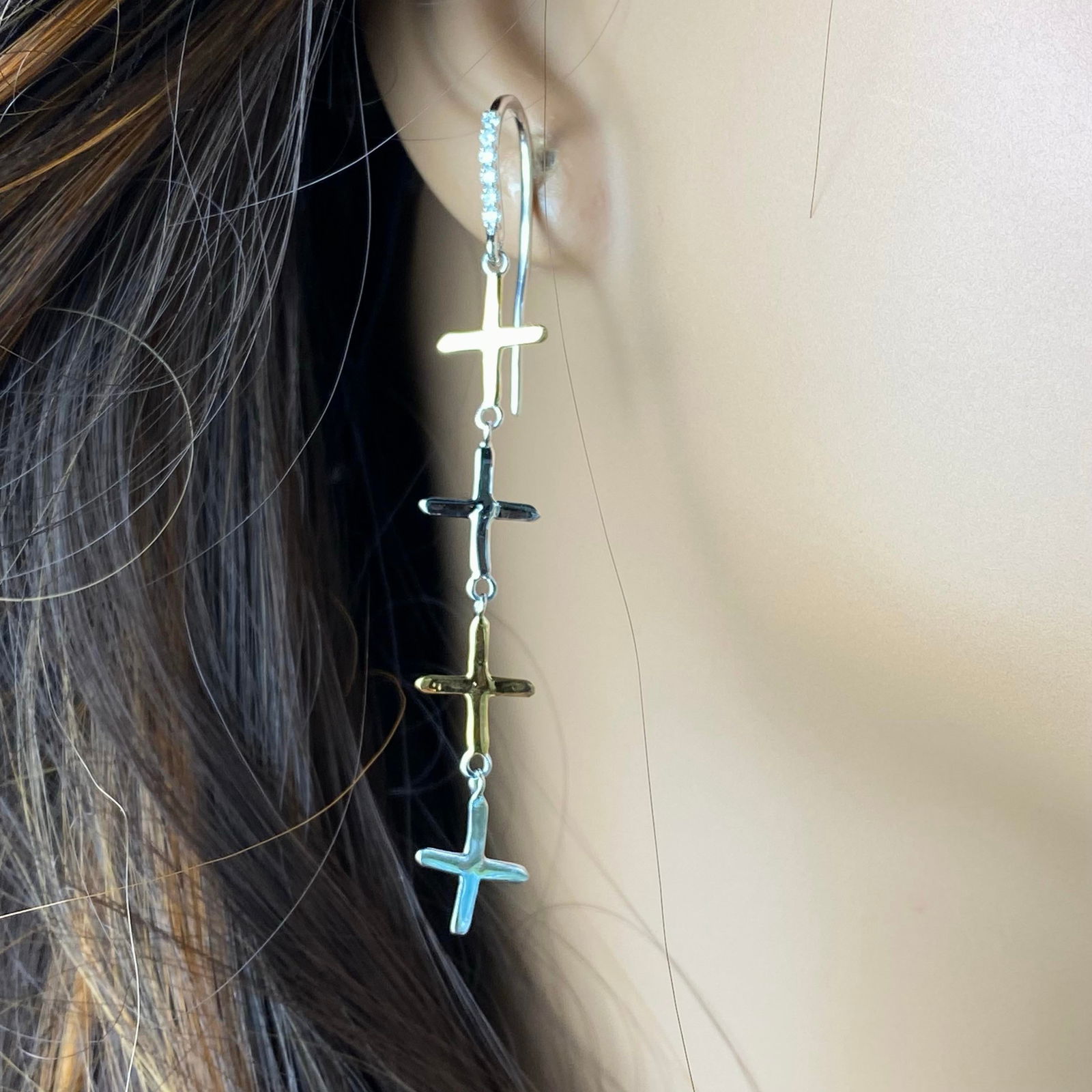 Eight 14 Karat White Yellow Gold Crosses Shepherd Diamond 0.25 Carat Hoop 2.60" Earrings - 2 Pieces - 7