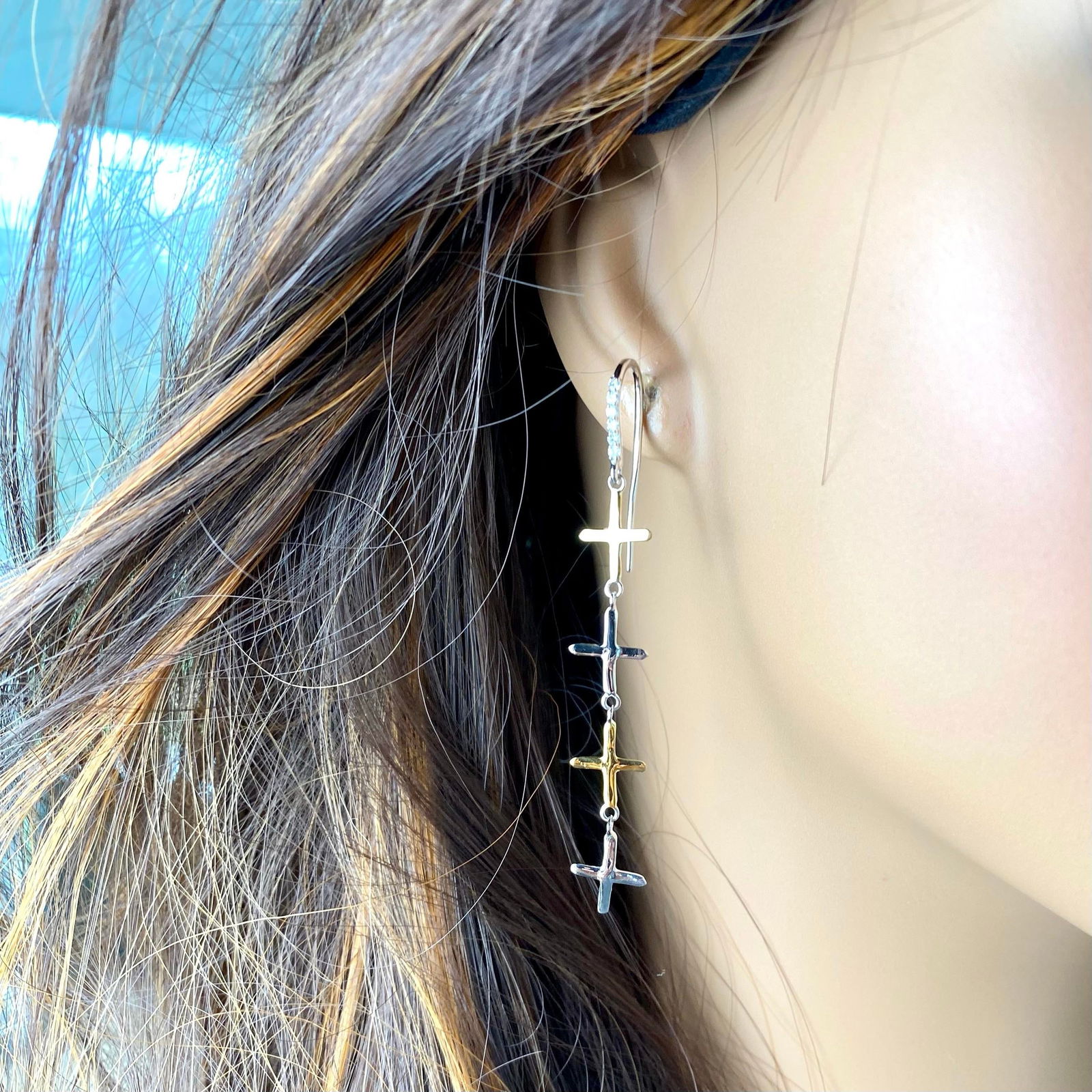 Eight 14 Karat White Yellow Gold Crosses Shepherd Diamond 0.25 Carat Hoop 2.60" Earrings - 2 Pieces - 9