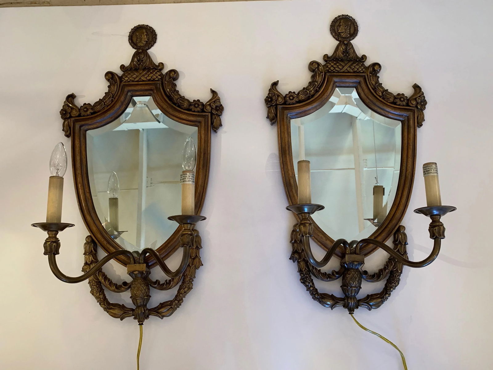 Handsome Shield Back Mirror Two-Arm Sconces With Bronze Medallion Top - a Pair - 11
