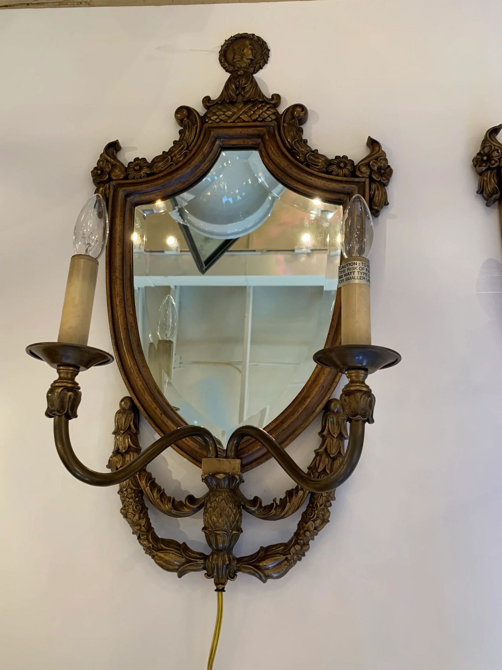 Handsome Shield Back Mirror Two-Arm Sconces With Bronze Medallion Top - a Pair - 3