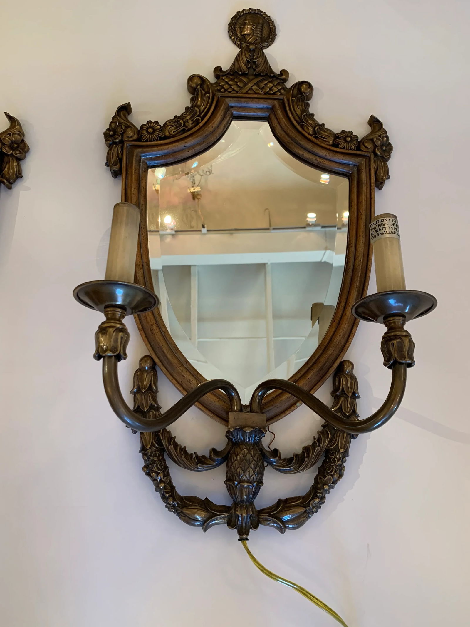 Handsome Shield Back Mirror Two-Arm Sconces With Bronze Medallion Top - a Pair - 4