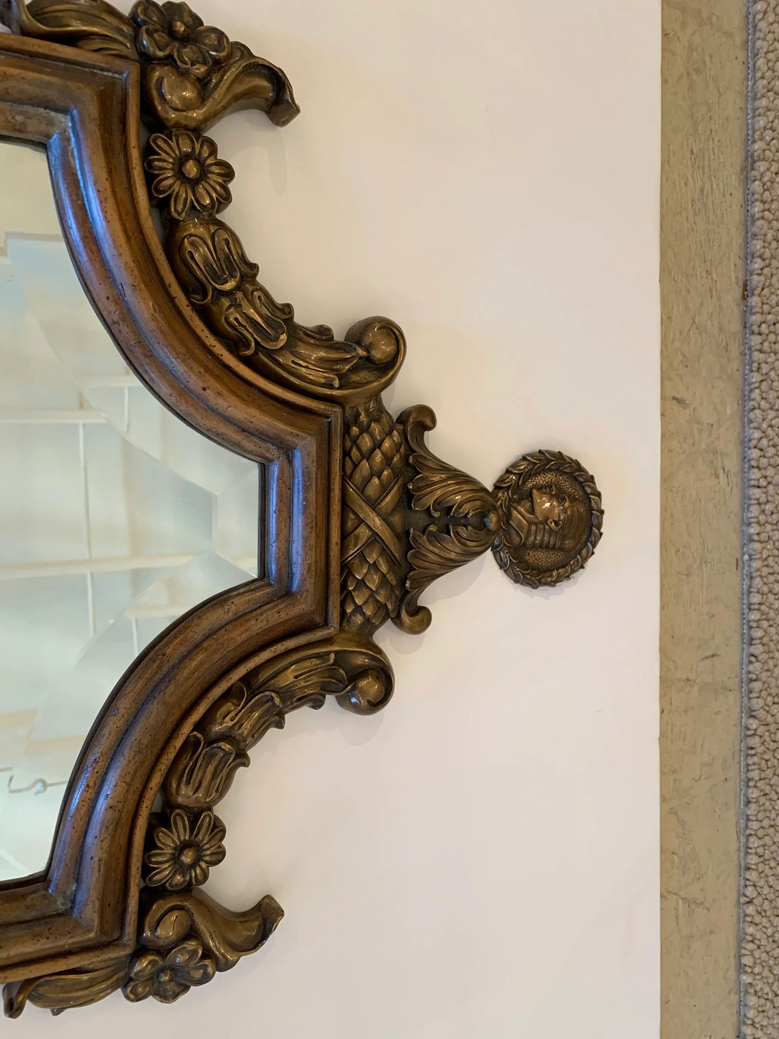 Handsome Shield Back Mirror Two-Arm Sconces With Bronze Medallion Top - a Pair - 5