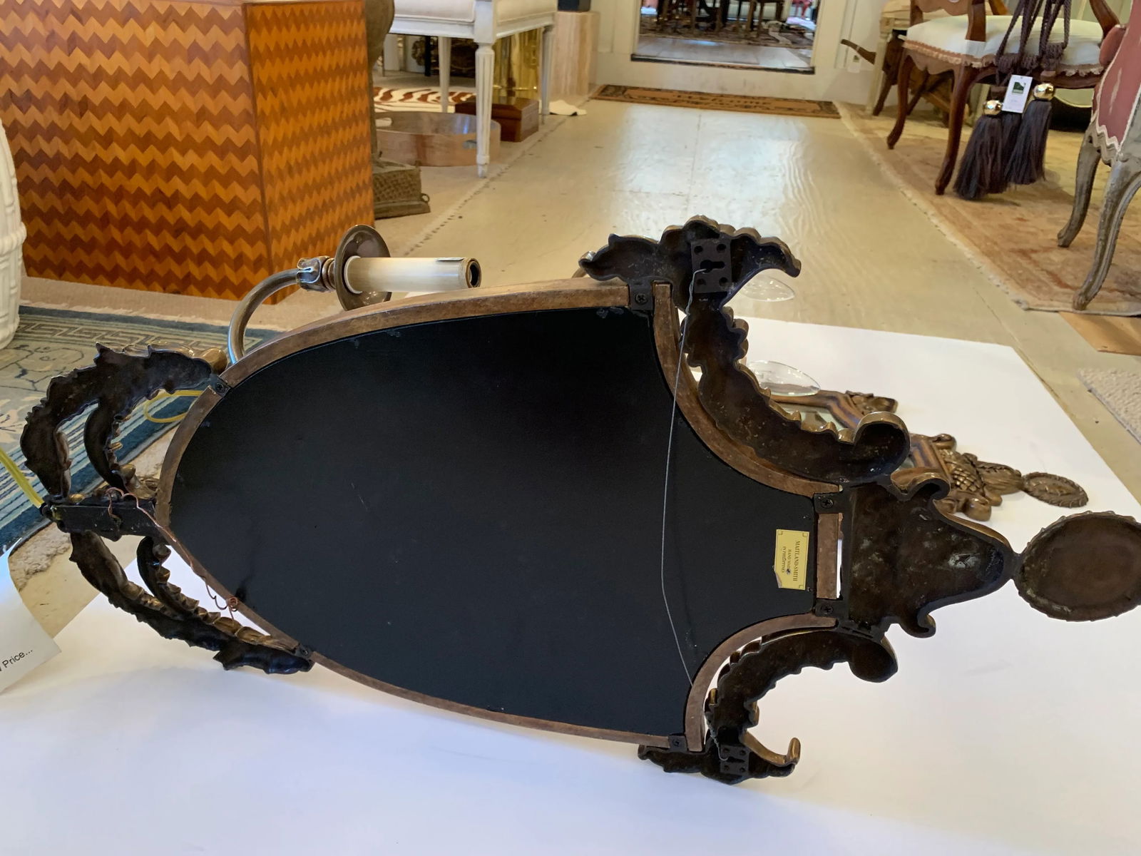 Handsome Shield Back Mirror Two-Arm Sconces With Bronze Medallion Top - a Pair - 9