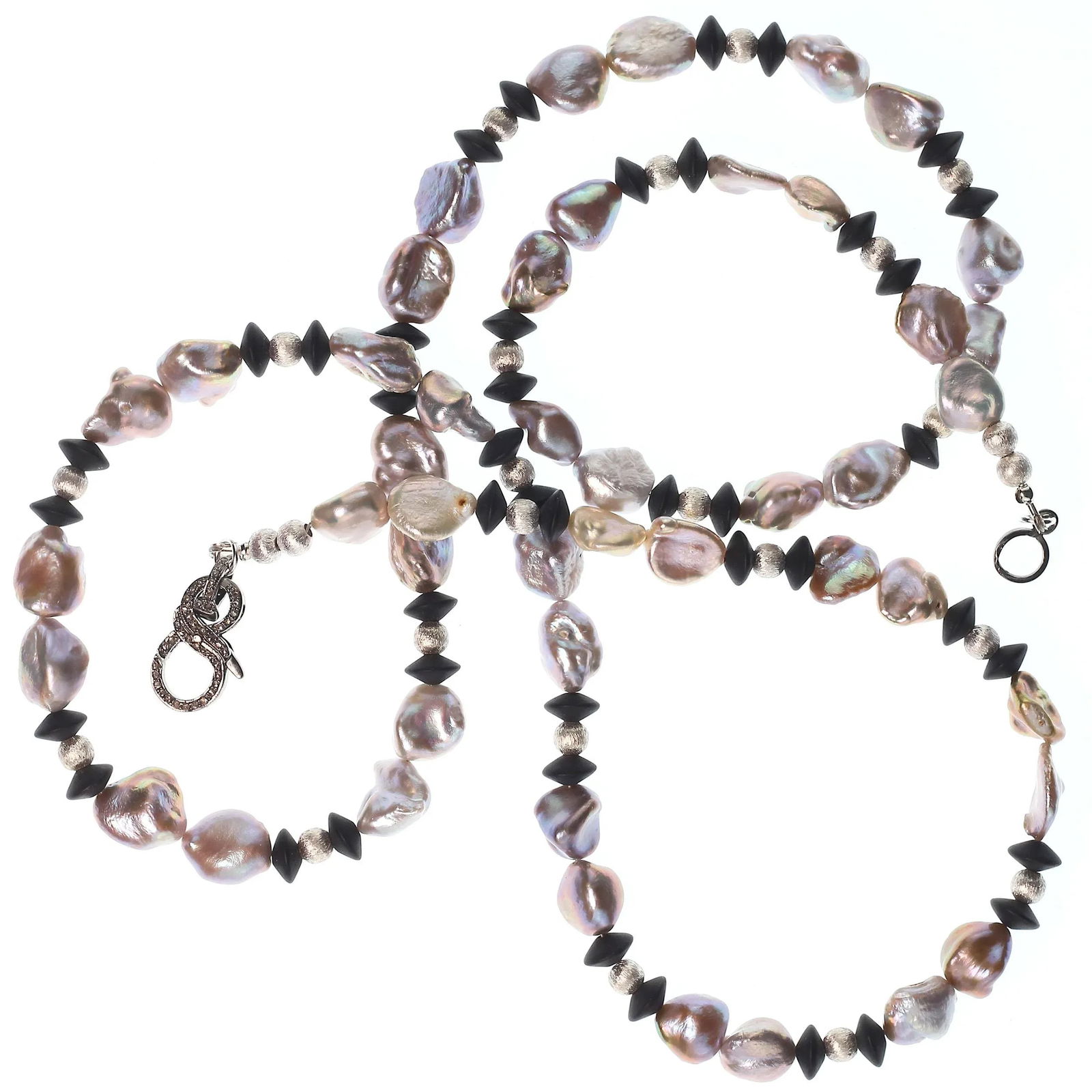 Long and Silvery Pearls and Black Onyx Necklace - 10