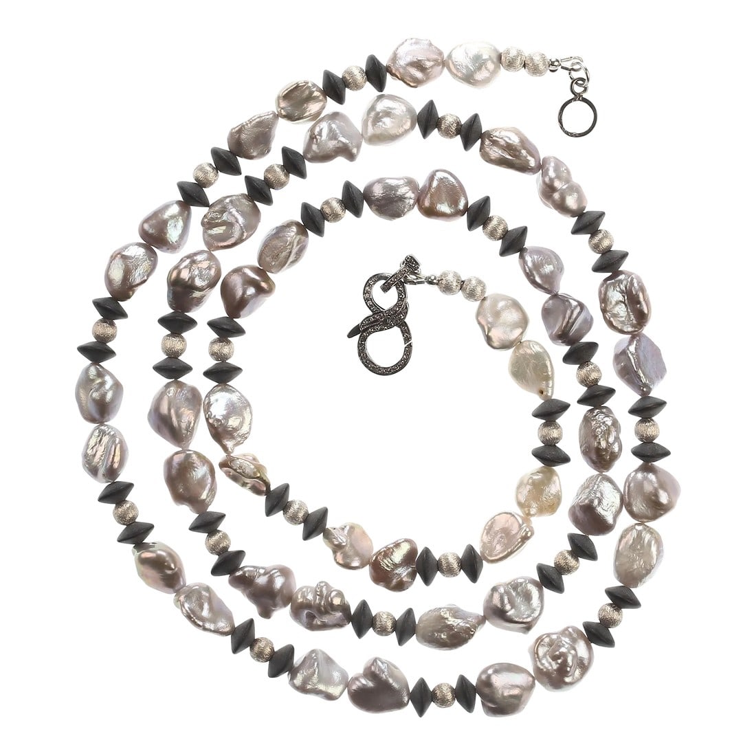 Long and Silvery Pearls and Black Onyx Necklace: This is part of Chairish's Fine Jewelry assortment. 36 Inches of Elegant necklace for you to wear as you please. These iridescent silvery Chinese Freshwater Pearls are from the second harvest and