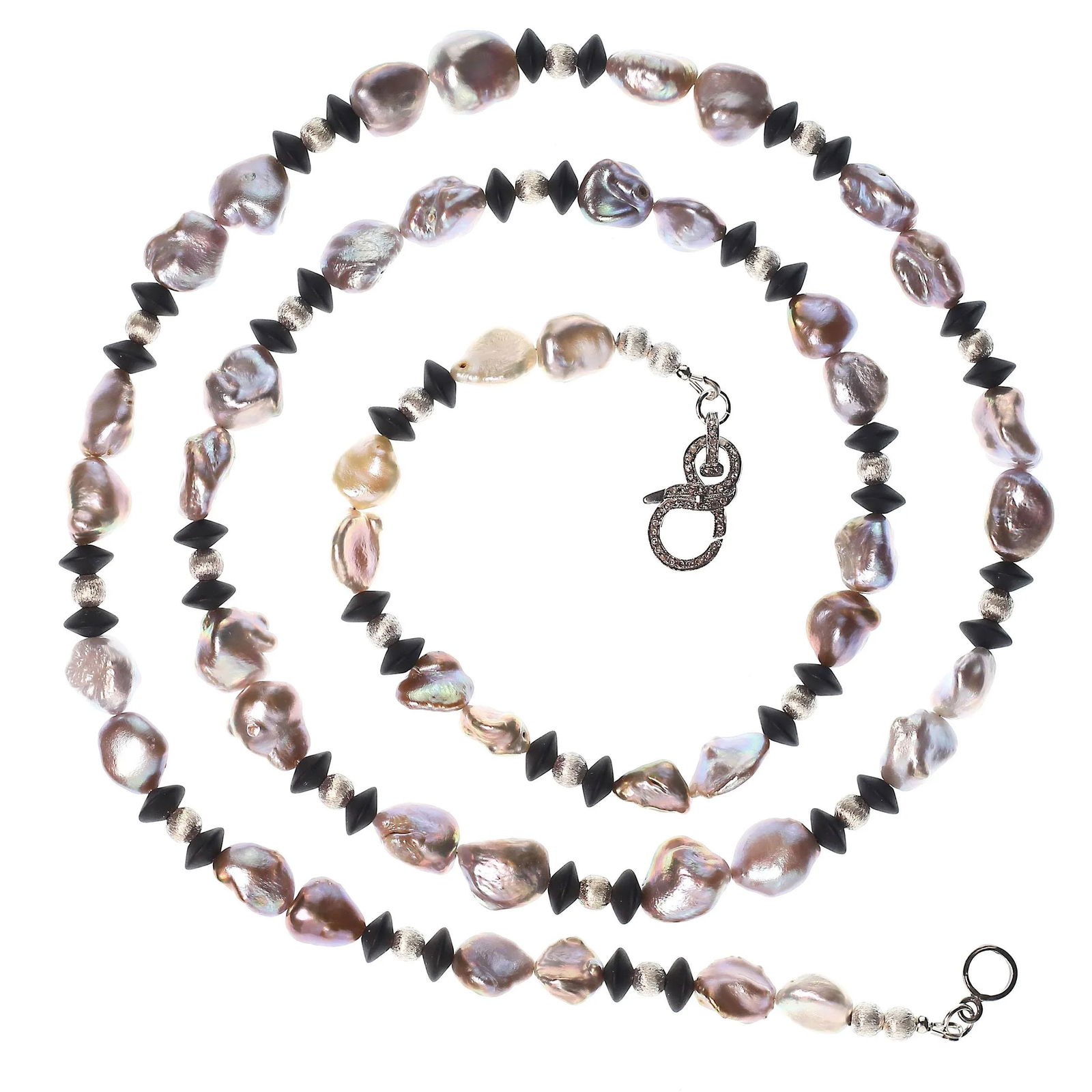 Long and Silvery Pearls and Black Onyx Necklace - 7