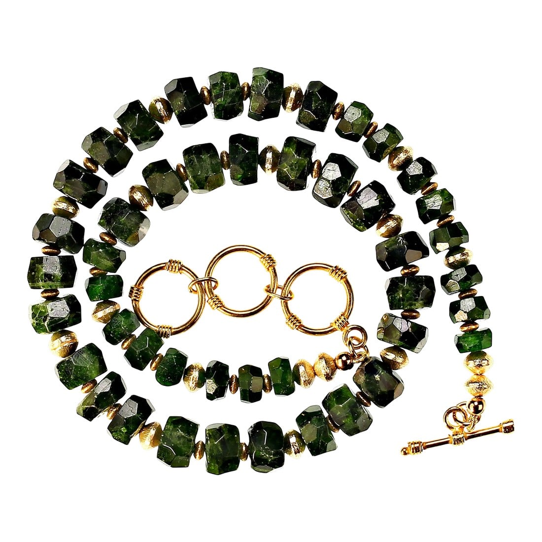 Faceted Rondelles of Green Chrome Diopside Necklace: This is part of Chairish's Costume Jewelry assortment. Sparkling Green Chrome Diopside Necklace – 8-10mm Opaque Gems with Gold-Plated Accents, Toggle Clasp (17-18 inches) For those who love