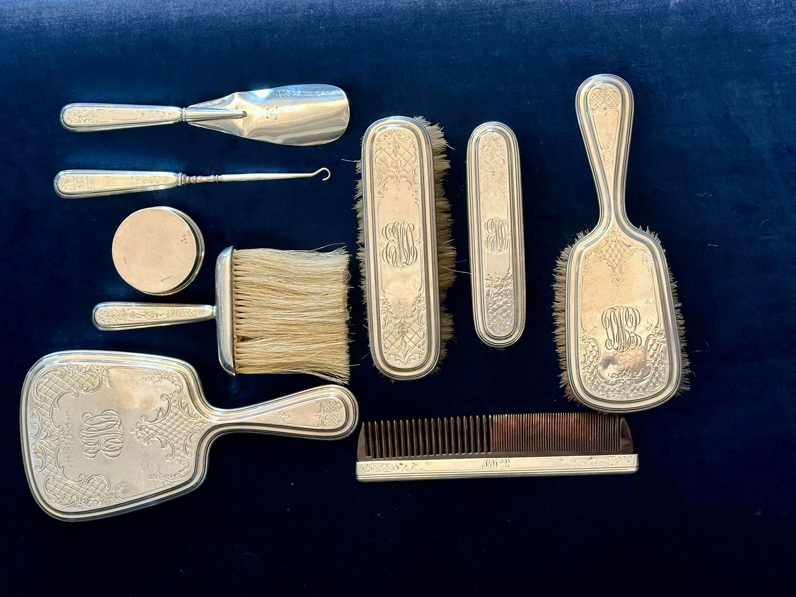 Antique Dominick & Haff Monogrammed Sterling Silver 9-Piece Vanity Set - 2