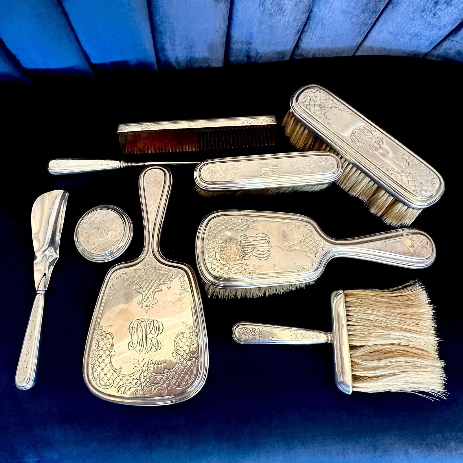 Antique Dominick & Haff Monogrammed Sterling Silver 9-Piece Vanity Set - 6