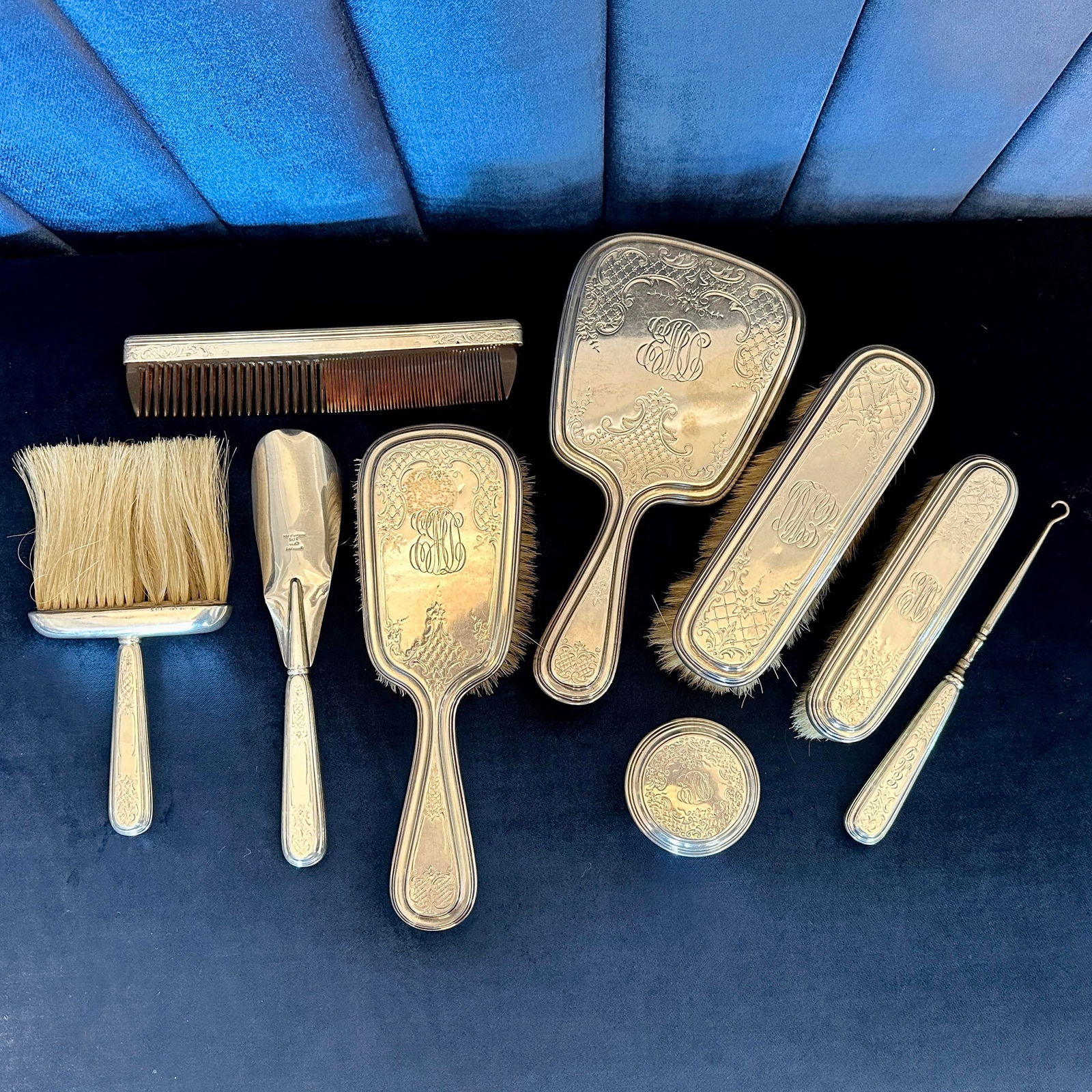 Antique Dominick & Haff Monogrammed Sterling Silver 9-Piece Vanity Set - 8
