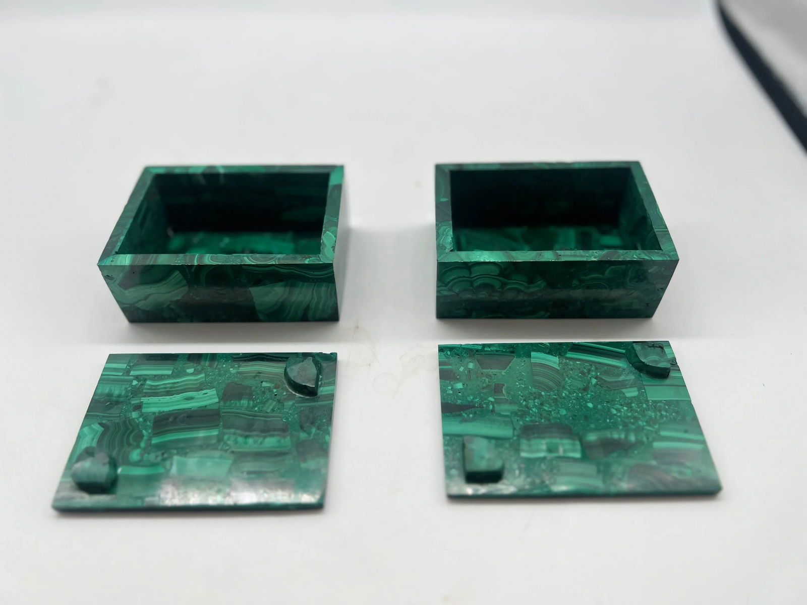Vintage Pair of Malachite Gemstone Lidded Boxes - 6