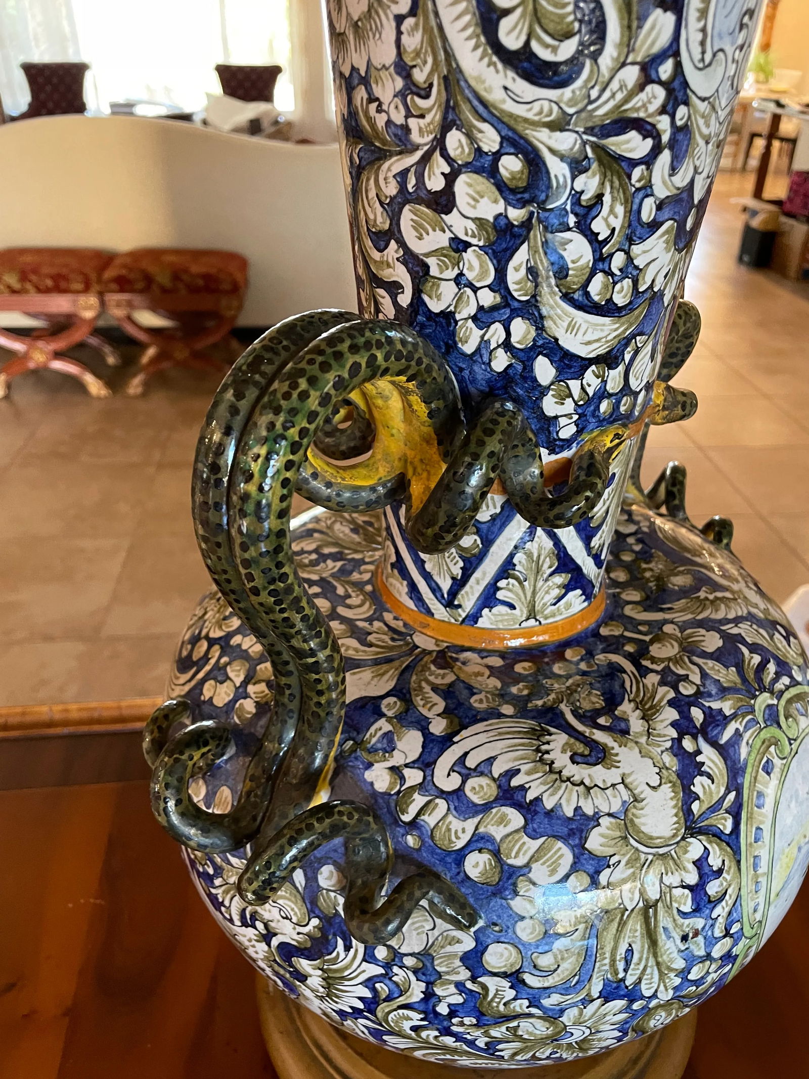 Large Majolica Lamp With Snake Handles Italian Renaissance Antique - 10