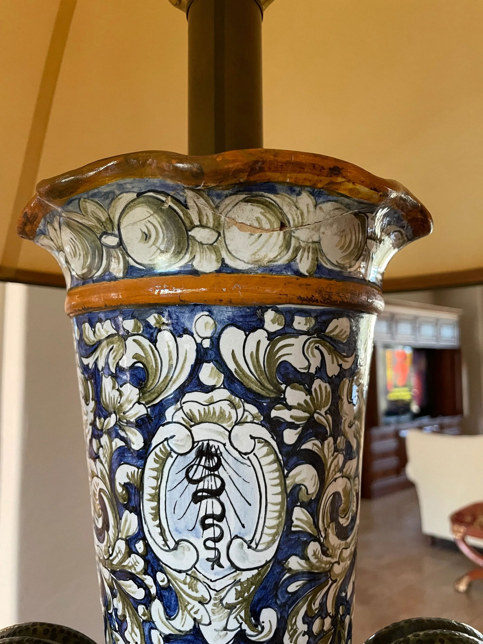 Large Majolica Lamp With Snake Handles Italian Renaissance Antique - 11