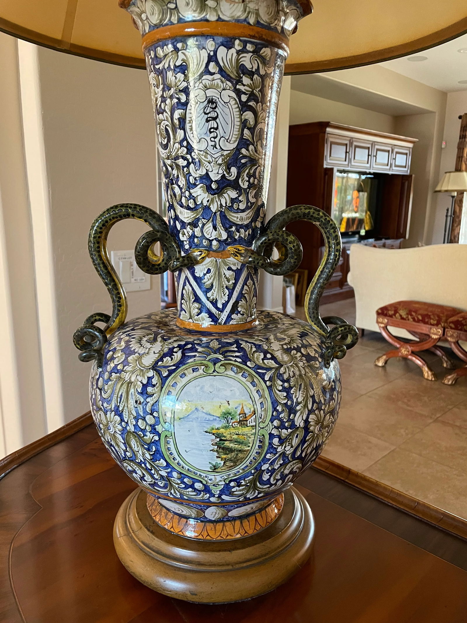 Large Majolica Lamp With Snake Handles Italian Renaissance Antique - 12
