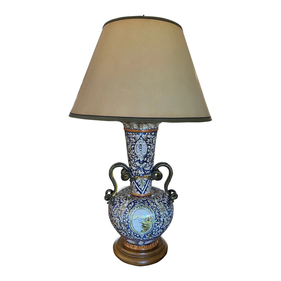 Large Majolica Lamp With Snake Handles Italian Renaissance Antique: This majolica is a conversation piece! It is a large urn vase turned into a lamp. It is an antique from the Italian renaissance purchased by myself at Villa Melrose, antiques on third, 6061 w 3rd