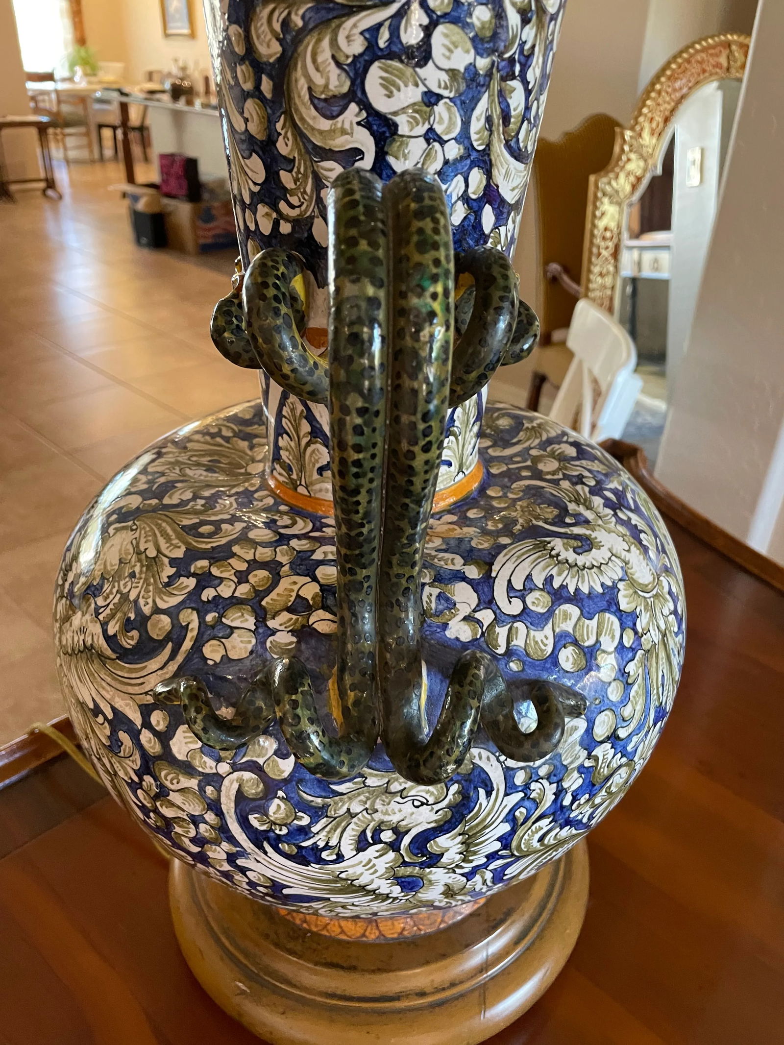 Large Majolica Lamp With Snake Handles Italian Renaissance Antique - 3